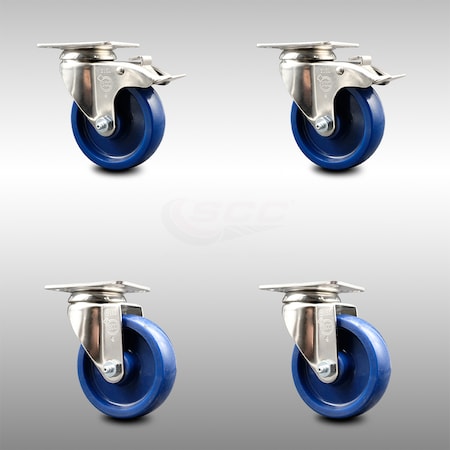 Service Caster 4 Inch 316SS Solid Polyurethane Wheel Swivel Top Plate Caster Lock Brakes, 2PK SCC-SS316TTL20S414-SPUS-2-S-2